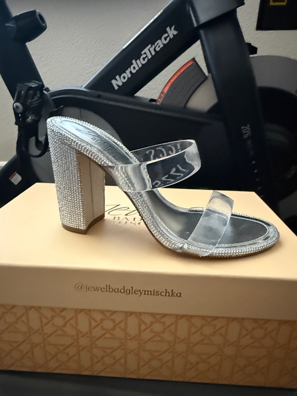 Badgley Mischka Clear and Silver Crystal Block Heel Sandal- new with box